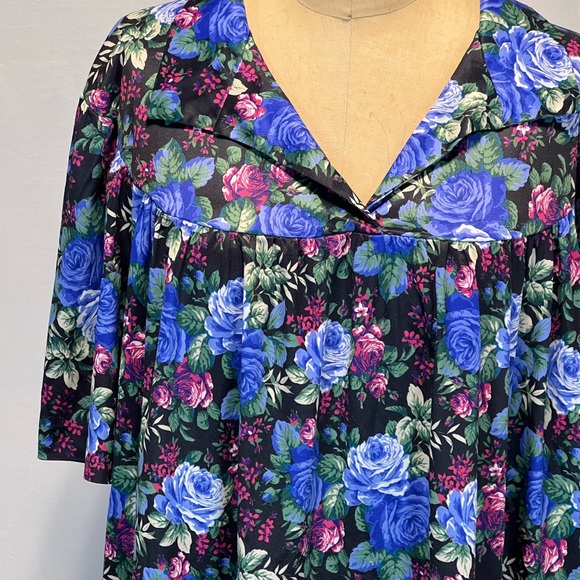 VINTAGE dark moody rose floral top short sleeve collar neckline plus size 80e - Picture 4 of 9